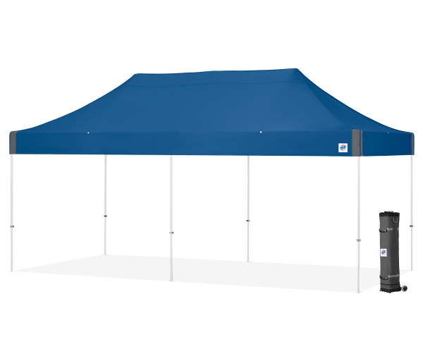 Blue E-Z UP Vantage 10 by 20 pop-up canopy with roller bag