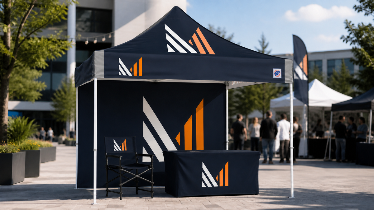 Custom E-Z UP canopy package displayed at a Canadian corporate event
