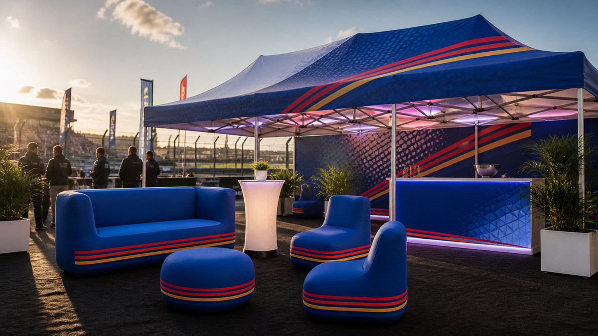 Custom blue and red inflatable event lounge under a branded canopy at a motorsport hospitality activation