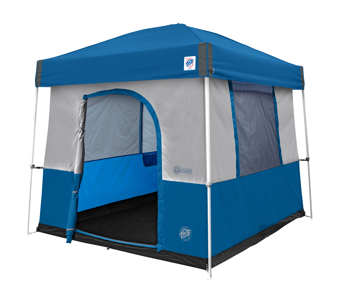 Family campsite with an E-Z UP canopy, camping tent and outdoor gear